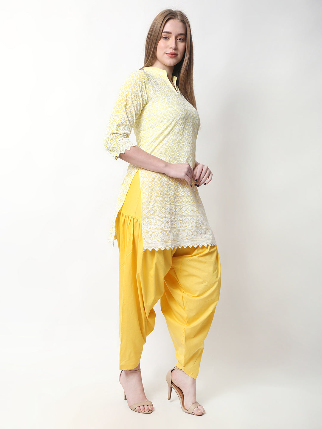 Women Chiken Embroidery Cotton Yellow Kurta and Salwar Set