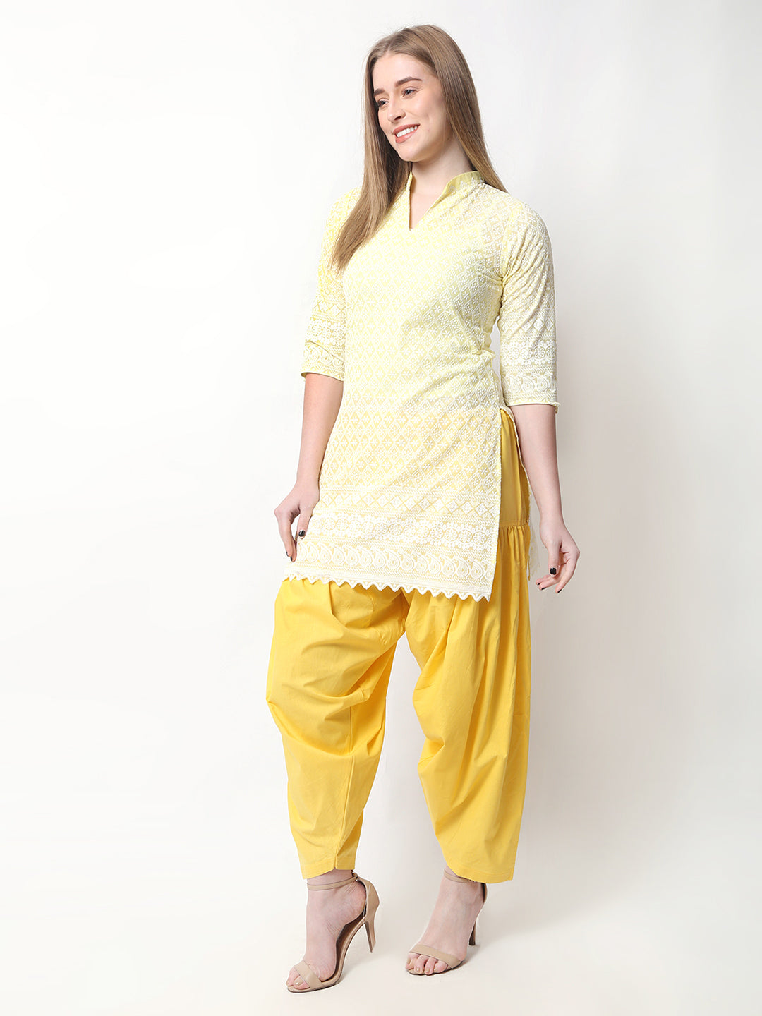 Women Chiken Embroidery Cotton Yellow Kurta and Salwar Set