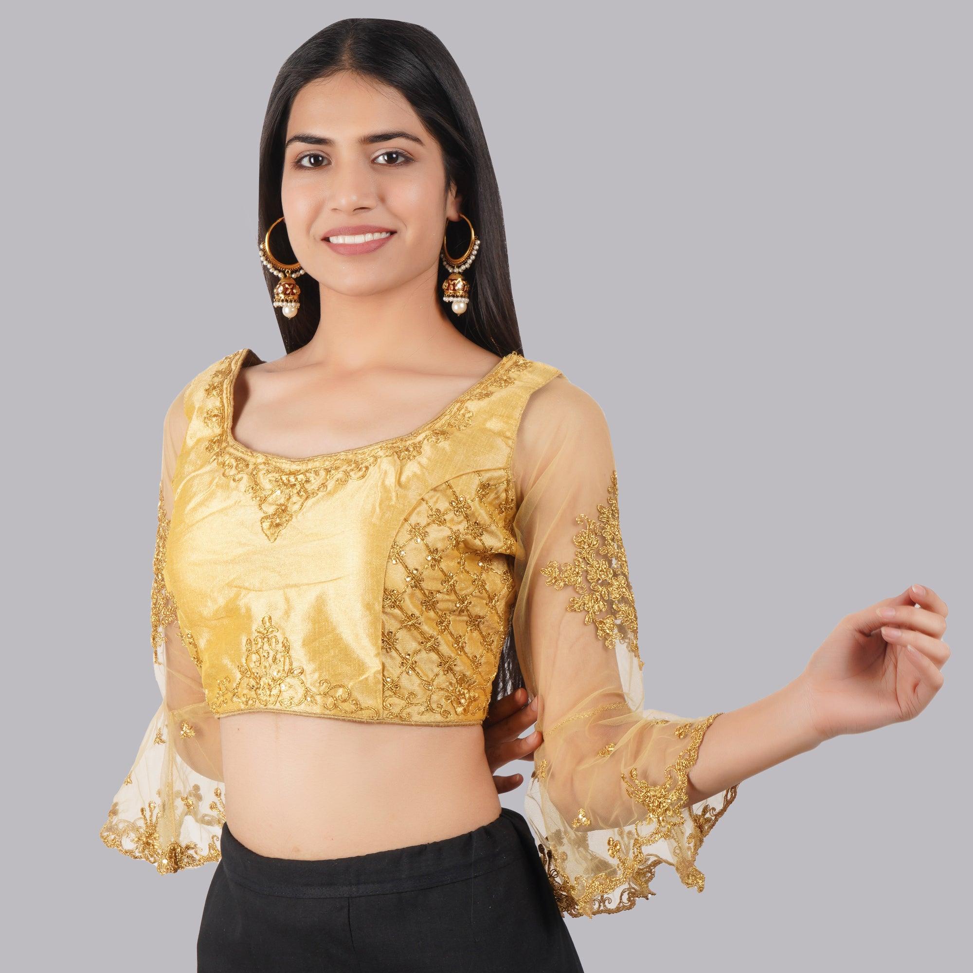 Round Neck Embroidered Golden Women Blouse