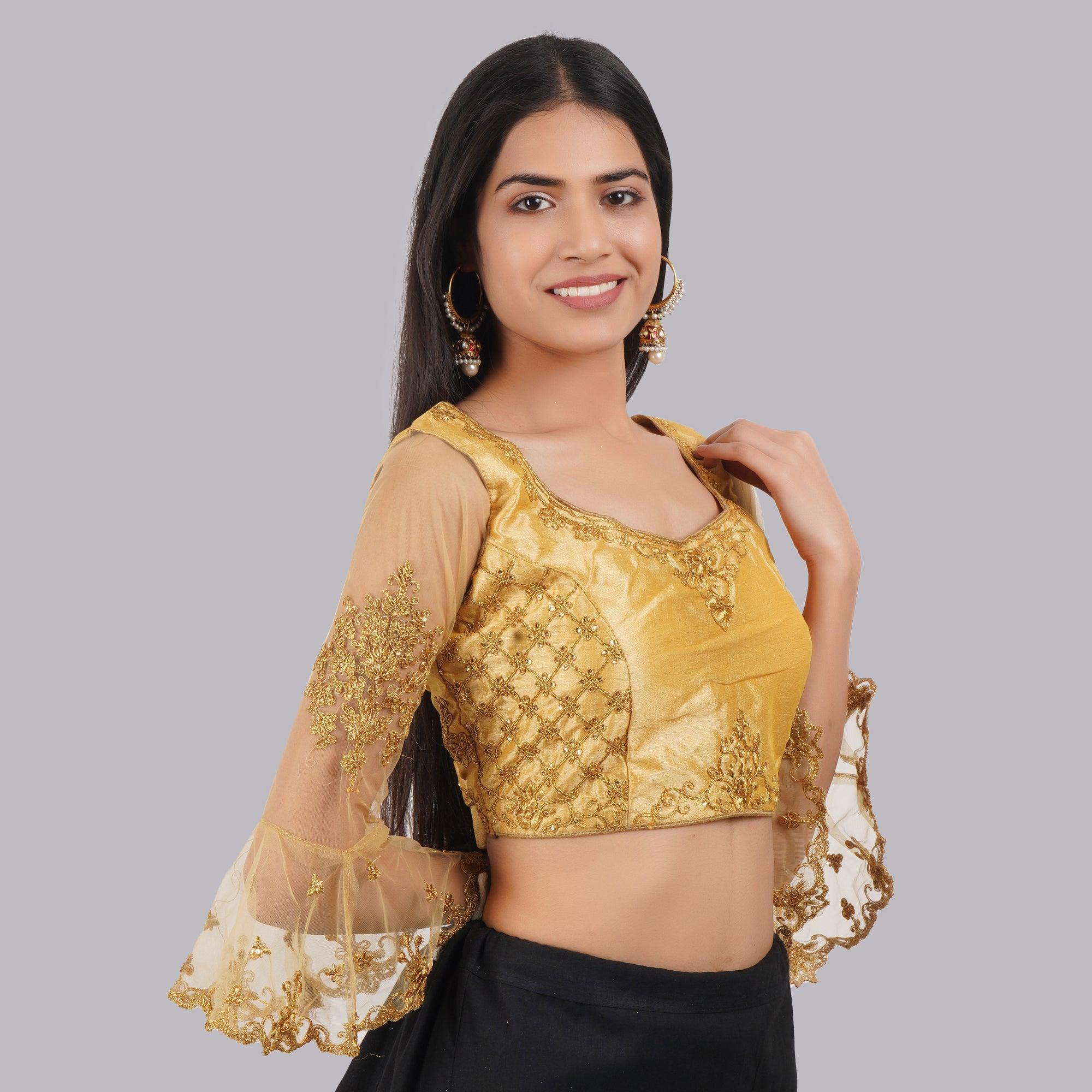 Round Neck Embroidered Golden Women Blouse