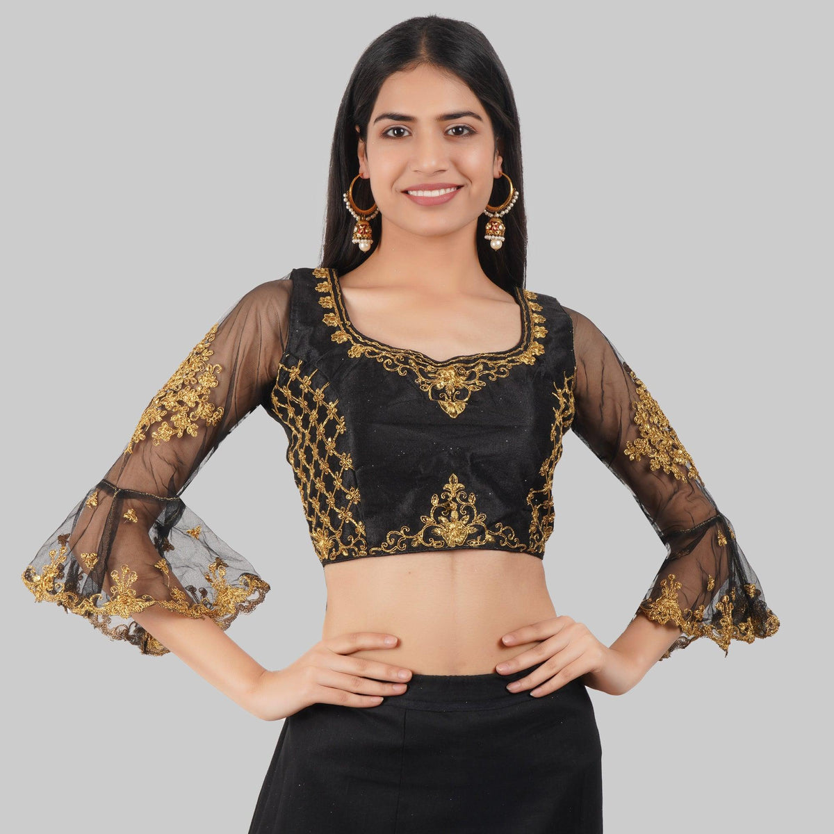 Round Neck Embroidered Black Women Blouse Black
