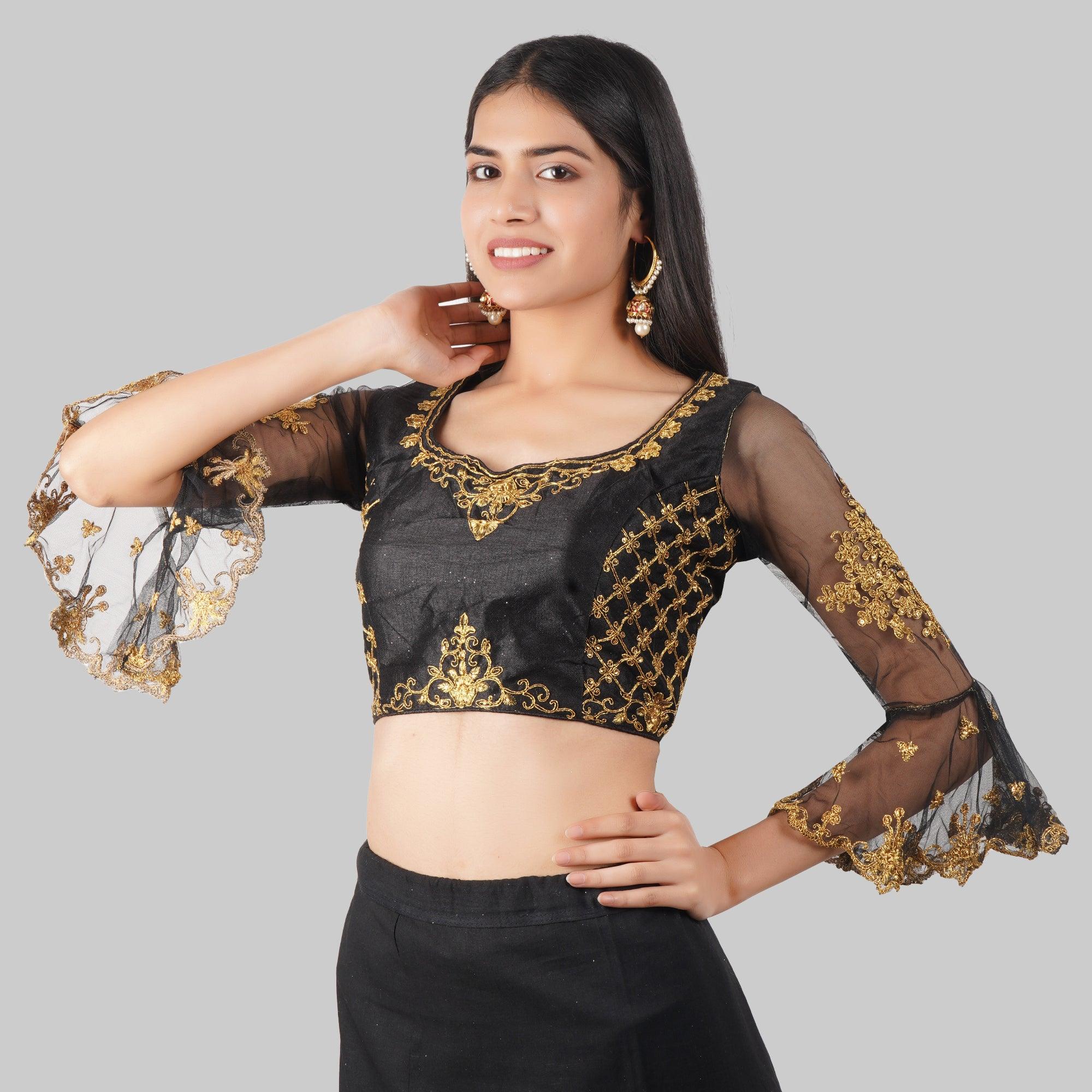 Round Neck Embroidered Black Women Blouse