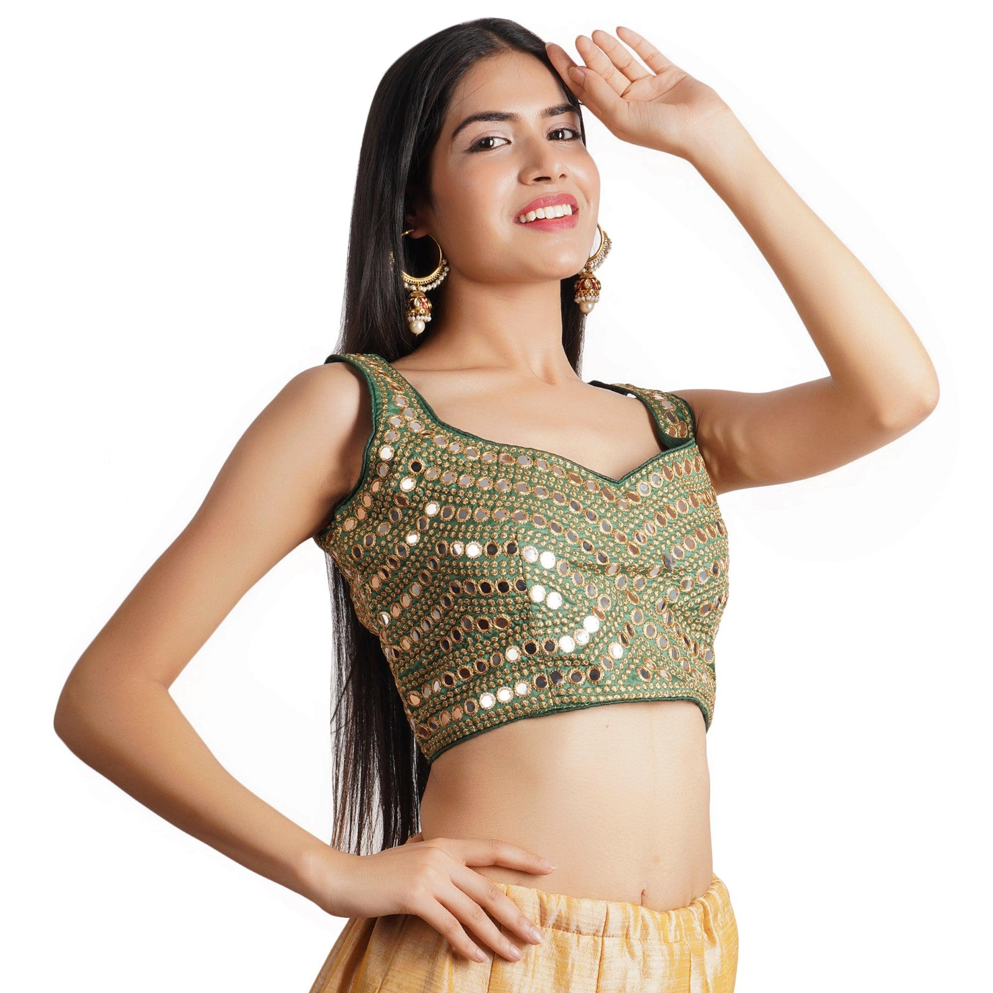 Sweetheart Neck Mirror Design Green Women Blouse