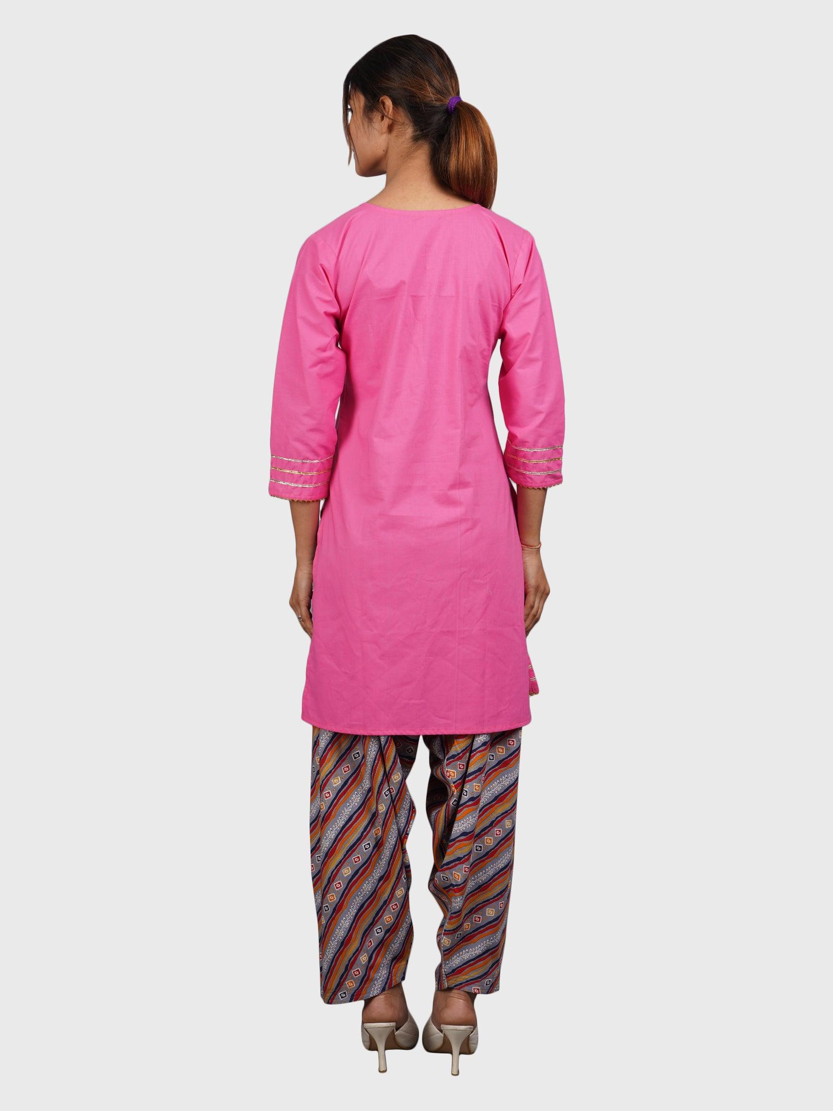 Women Plain Pink Kurta with Stripe Blue Salwar and Dupatta