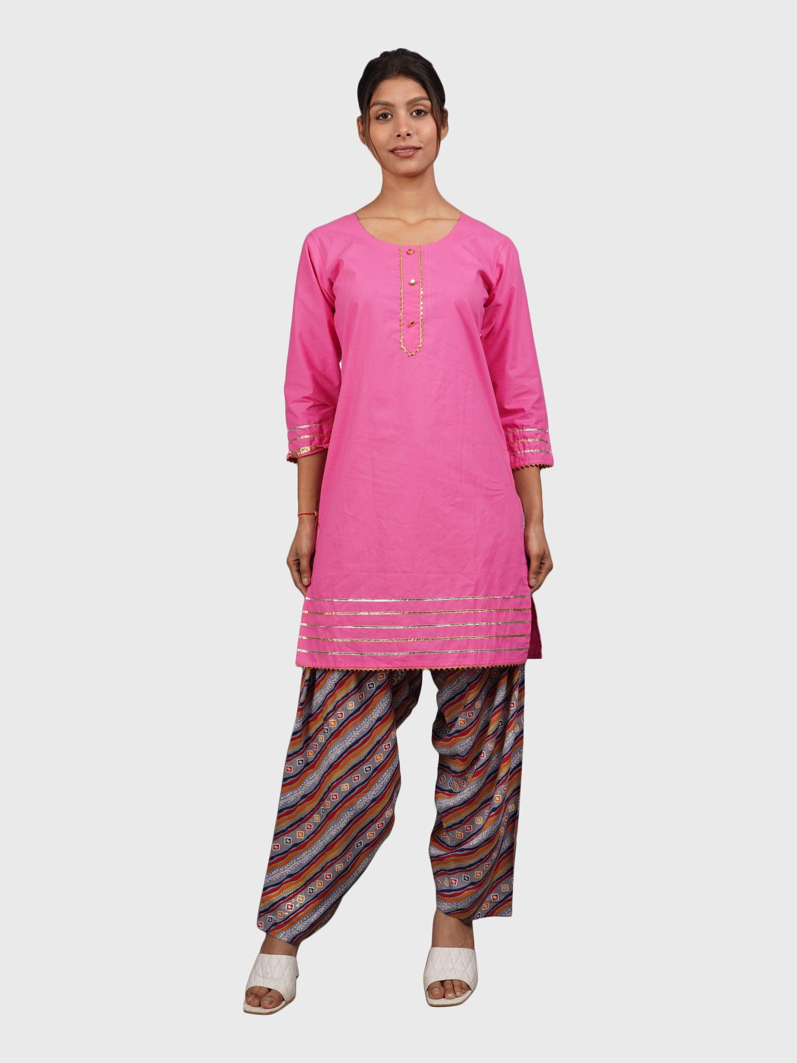 Women Plain Pink Kurta with Stripe Blue Salwar and Dupatta
