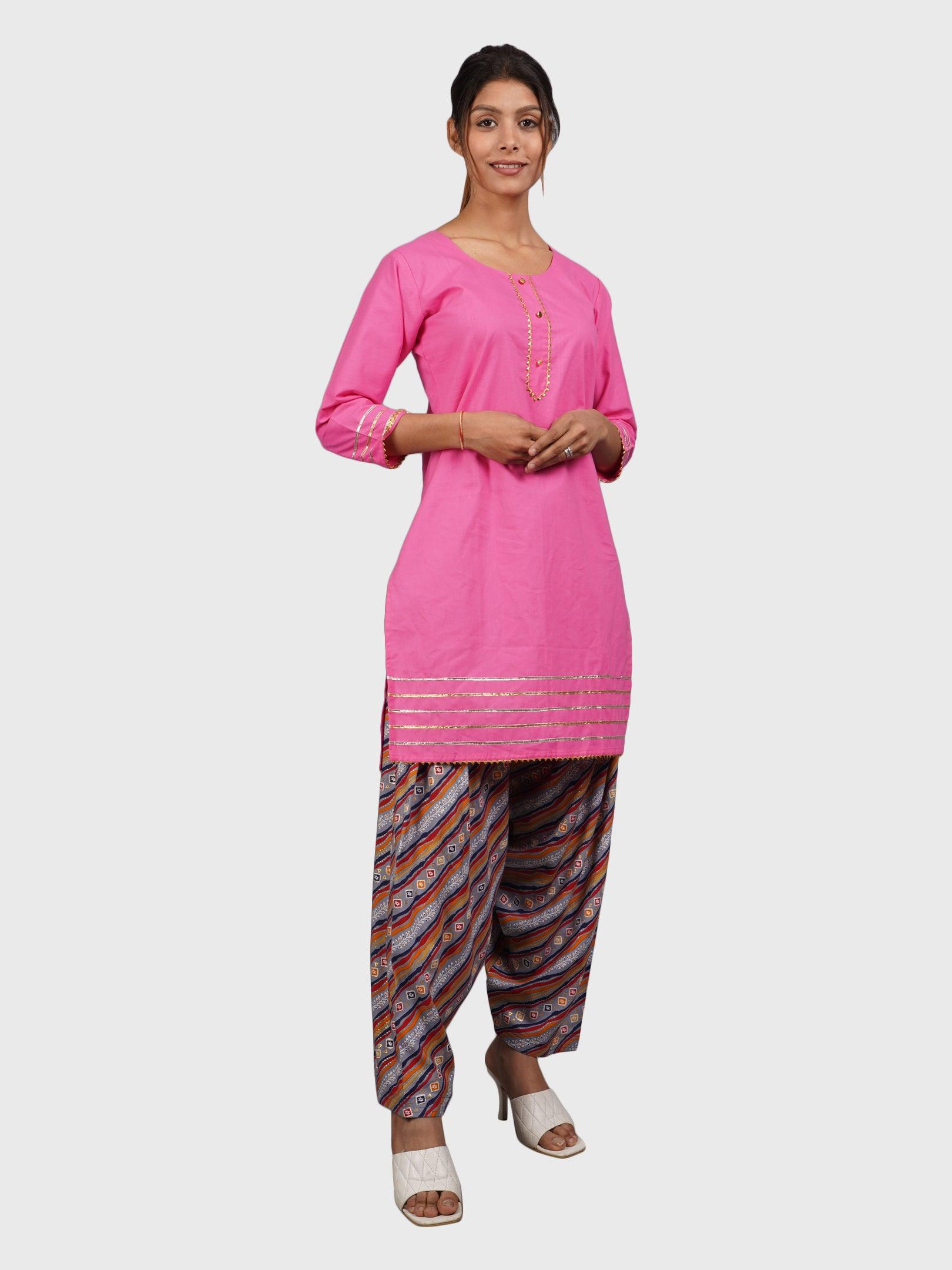 Women Plain Pink Kurta with Stripe Blue Salwar and Dupatta