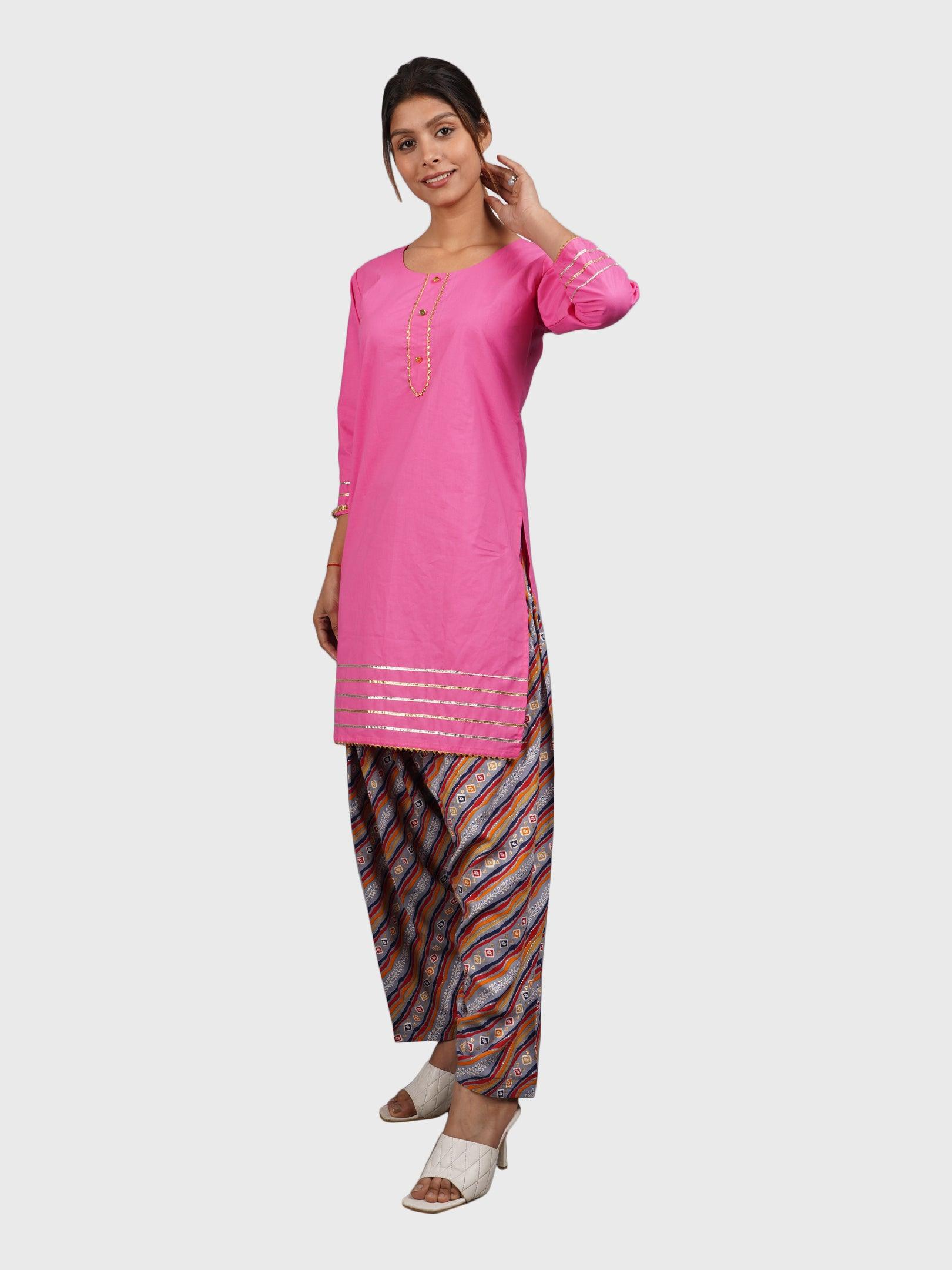 Women Plain Pink Kurta with Stripe Blue Salwar and Dupatta