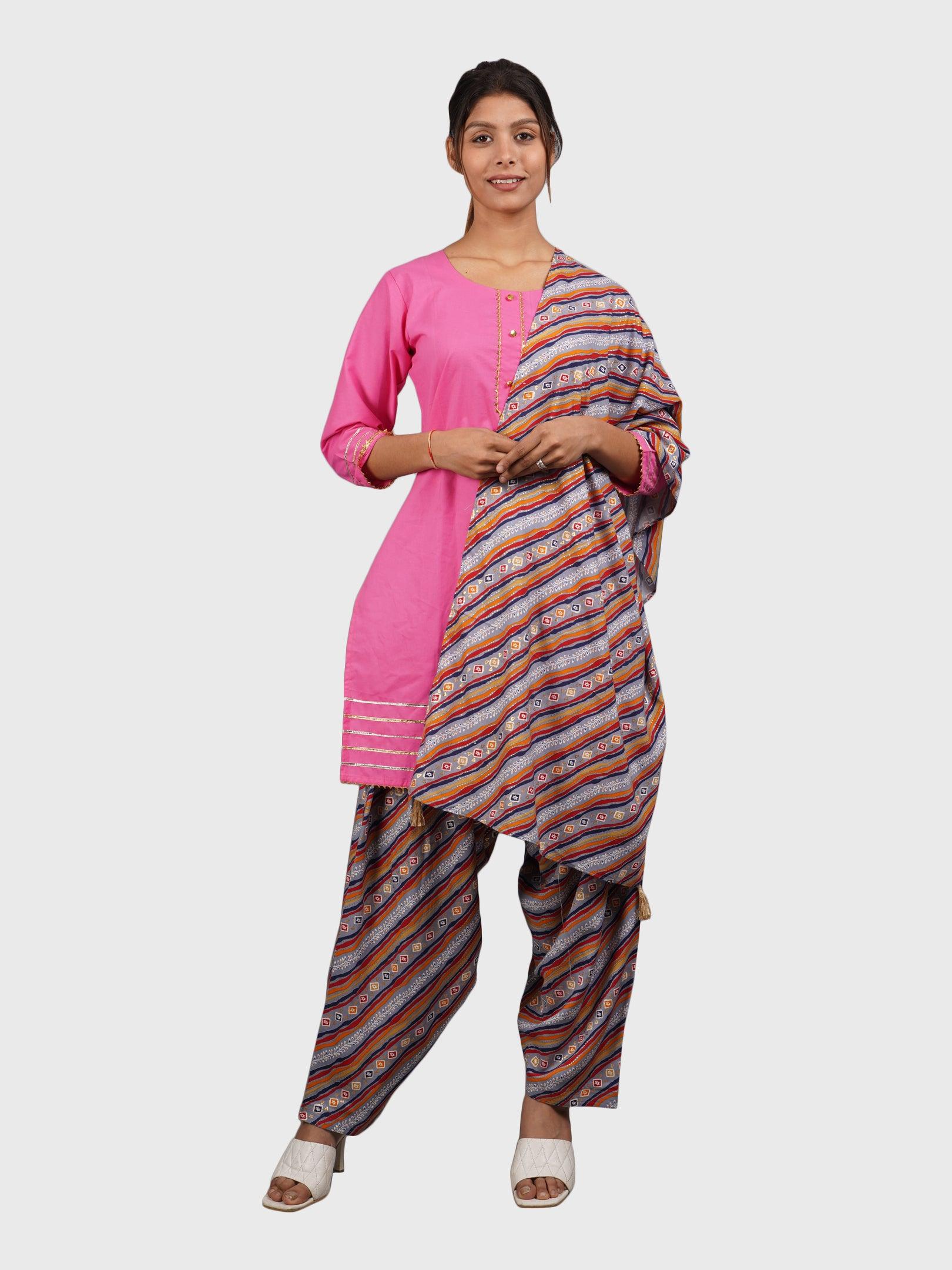 Women Plain Pink Kurta with Stripe Blue Salwar and Dupatta XXXL