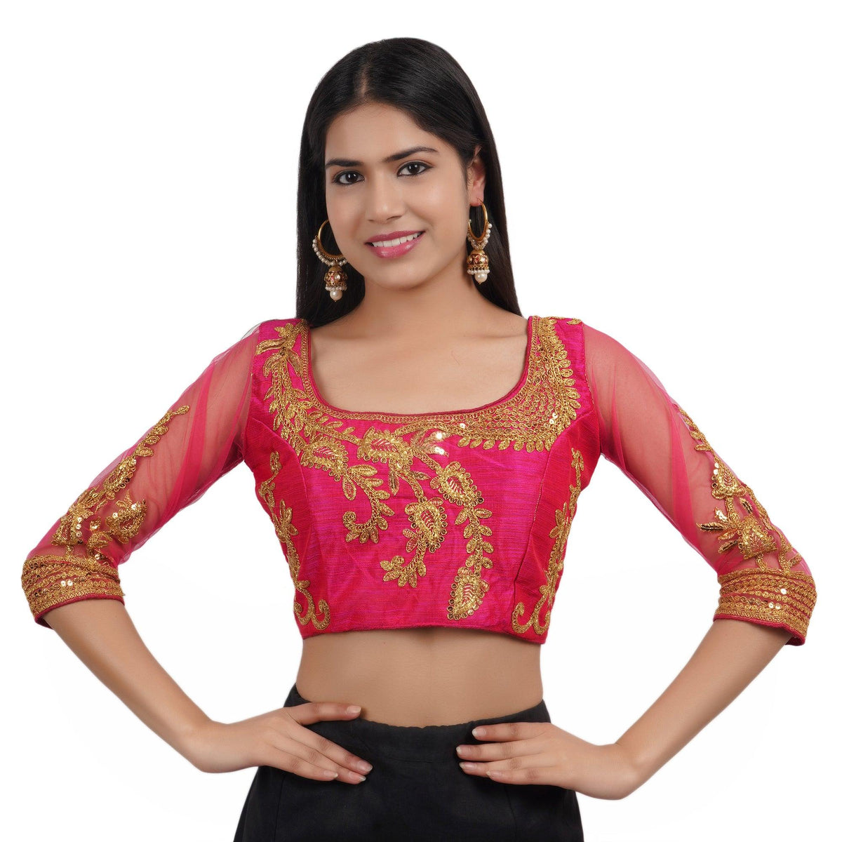 Round Neck Embroidered Rani Pink Women Blouse Rani Pink