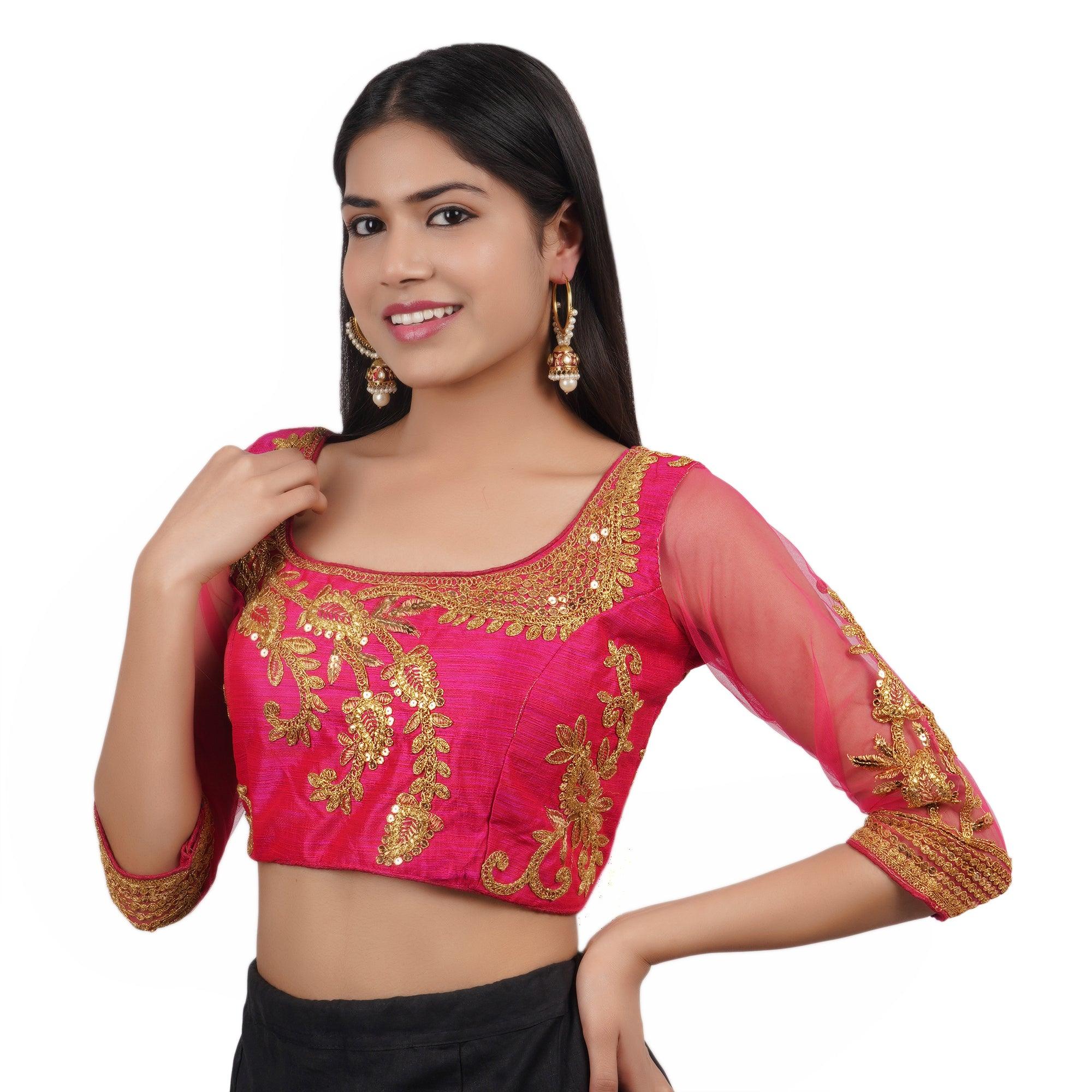 Round Neck Embroidered Rani Pink Women Blouse