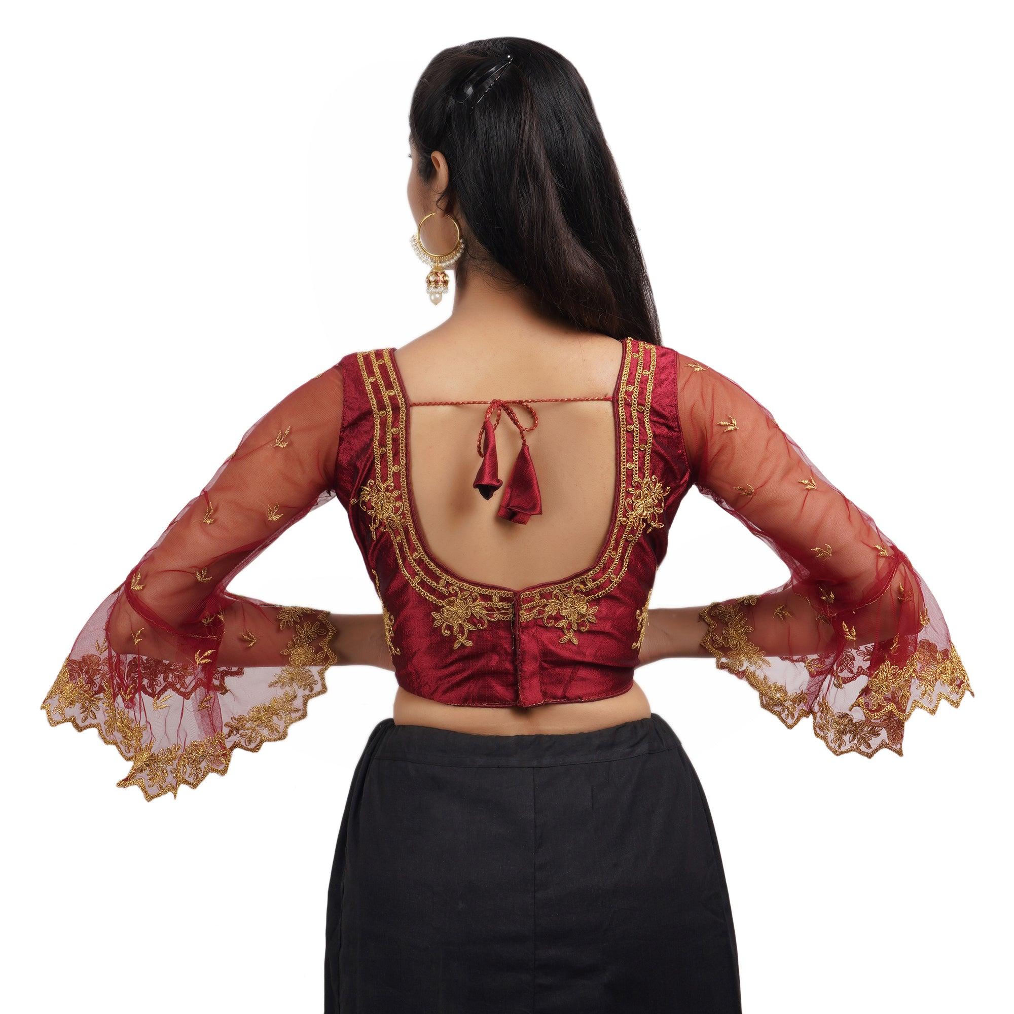 Round Neck Embroidered Maroon Women Blouse