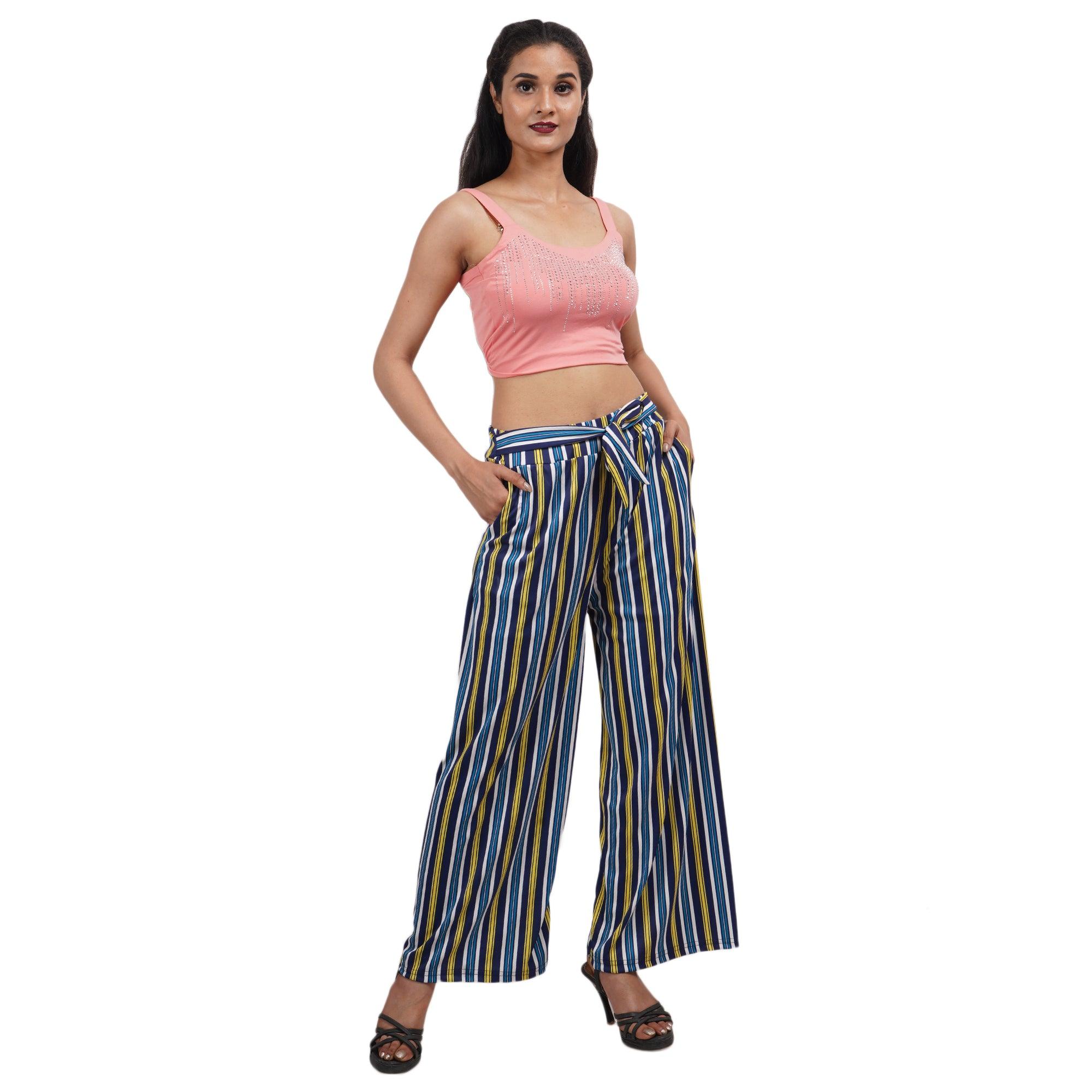 Woman's Rayon Strip Blue Yellow Palazzo