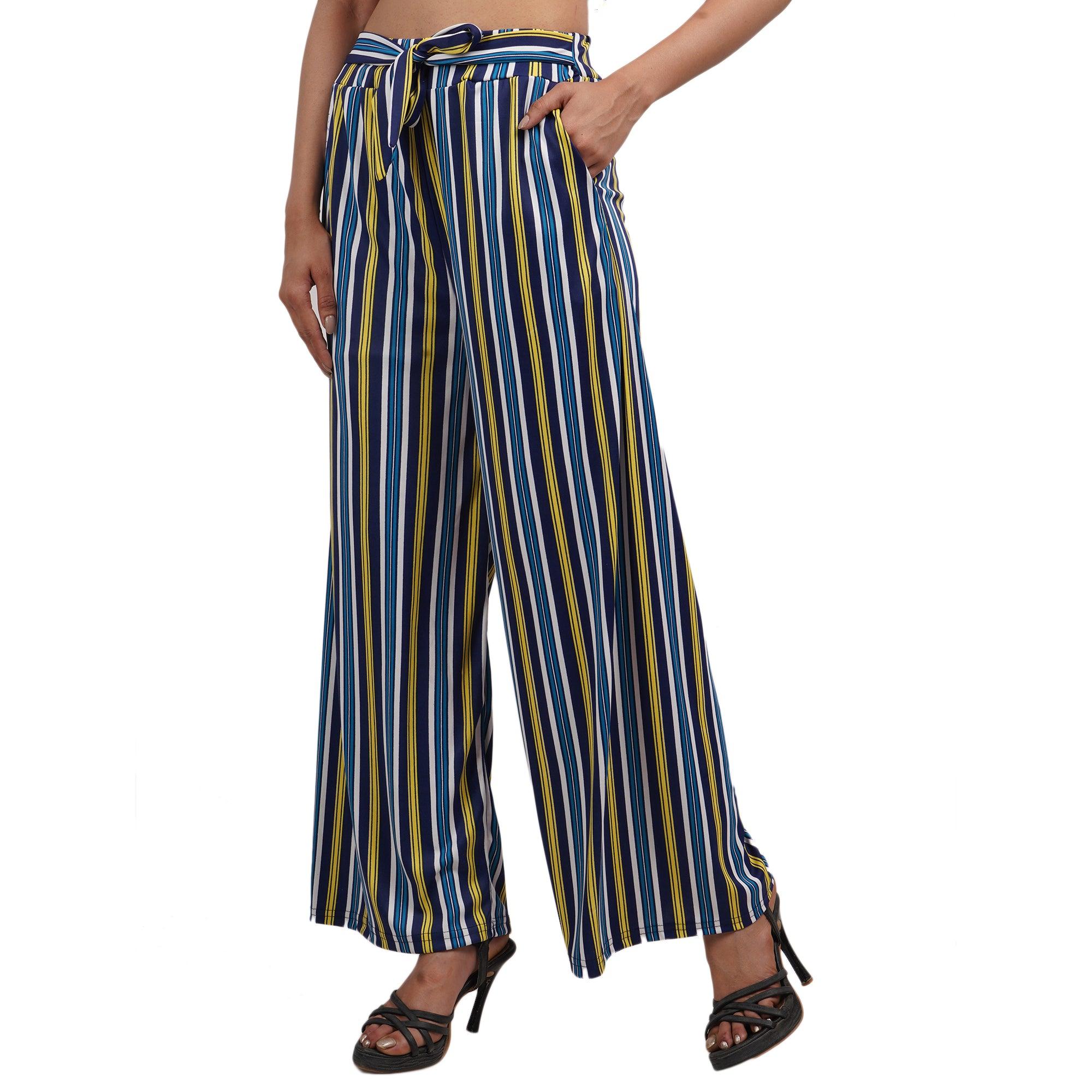 Woman's Rayon Strip Blue Yellow Palazzo
