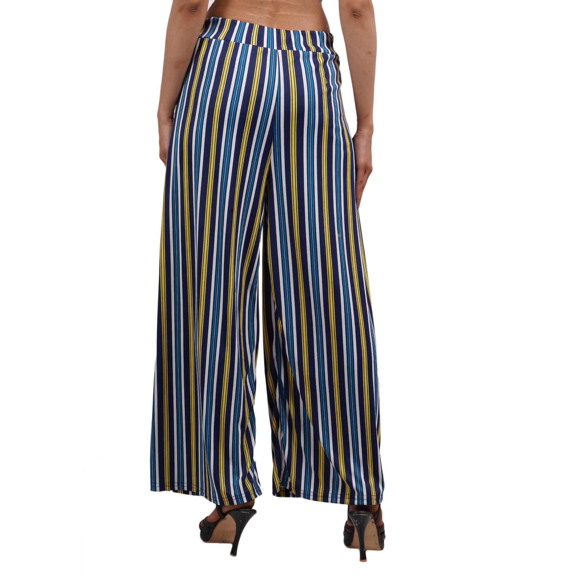 Woman's Rayon Strip Blue Yellow Palazzo