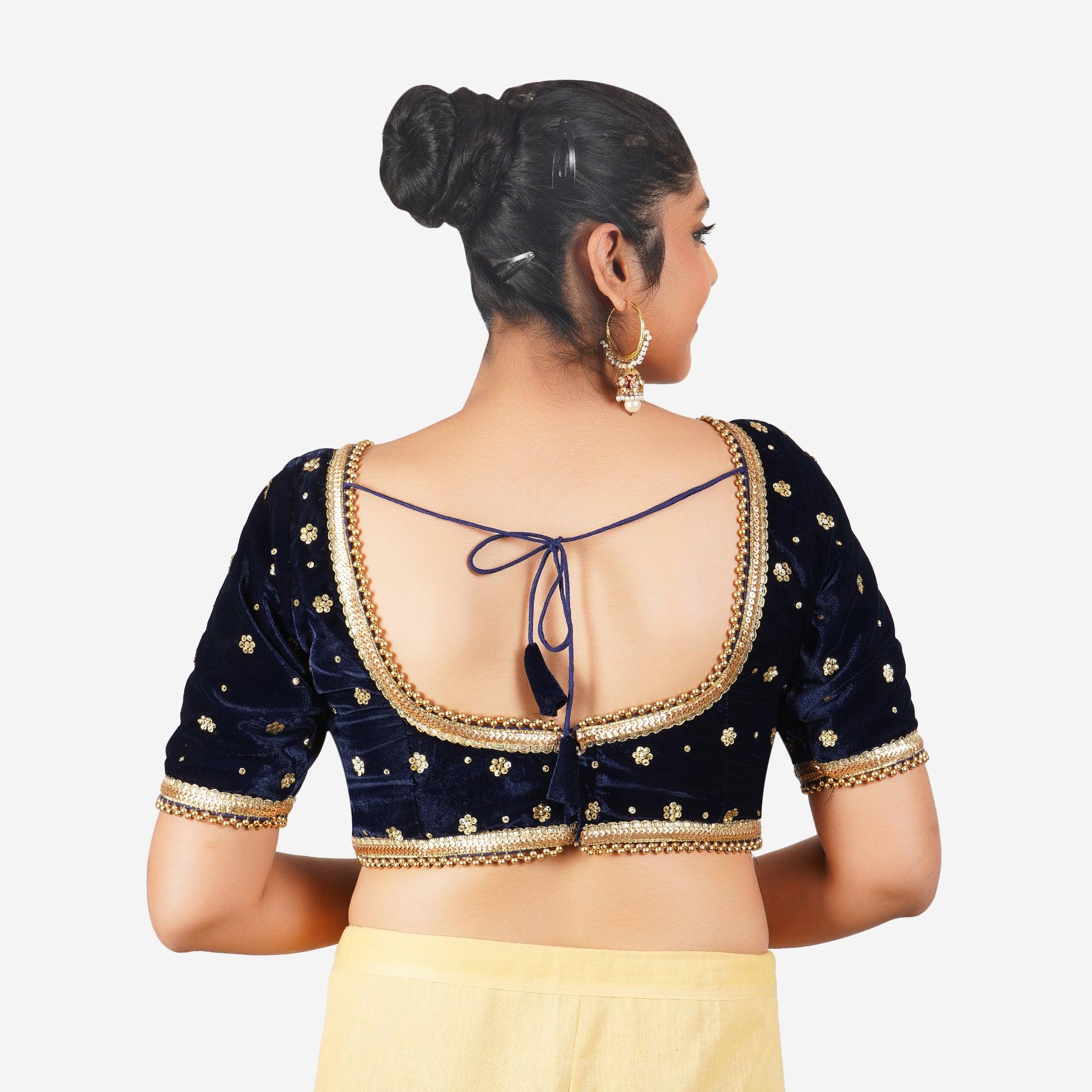 Women Velvet Navy Lace Work Readymade Blouse
