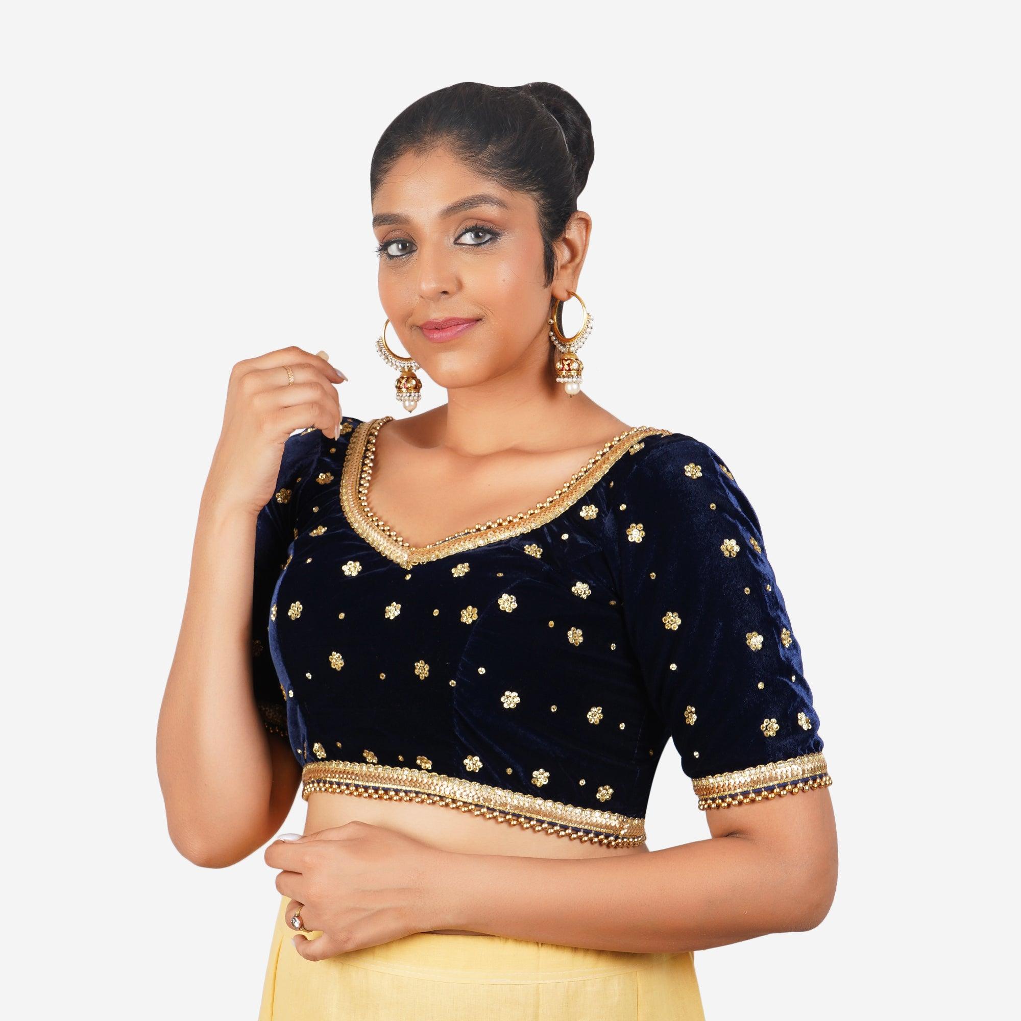 Women Velvet Navy Lace Work Readymade Blouse