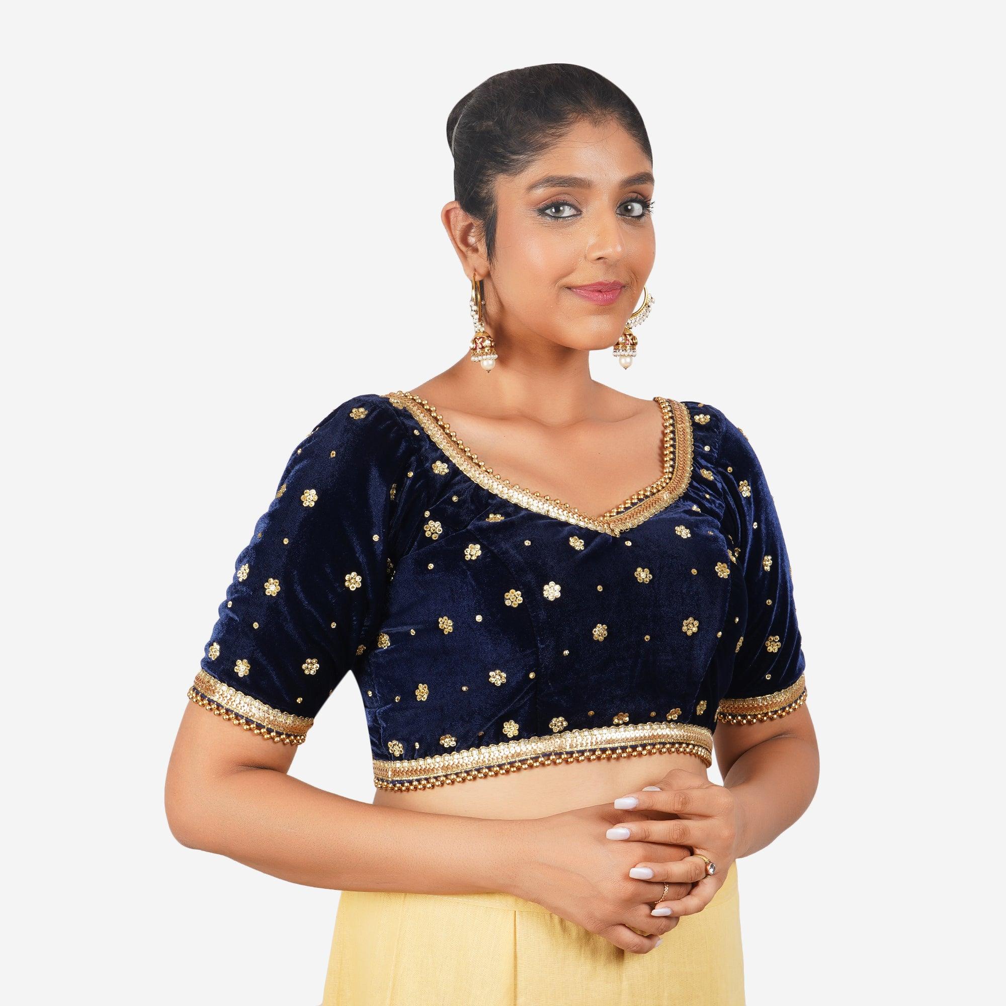 Women Velvet Navy Lace Work Readymade Blouse