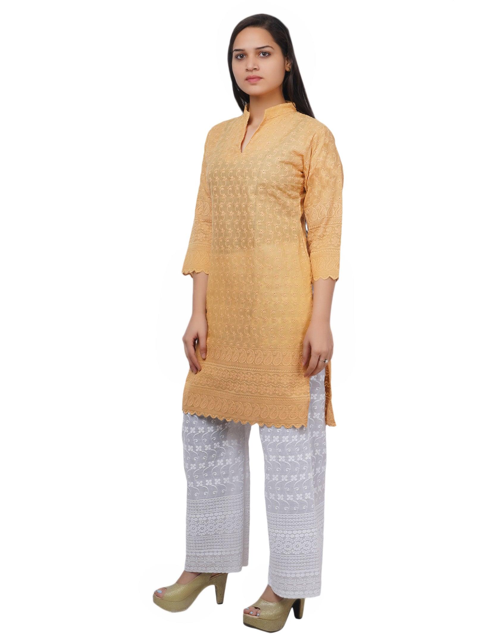 Trendzmy Women Beige Kurta and Palazzo Set Pure Cotton