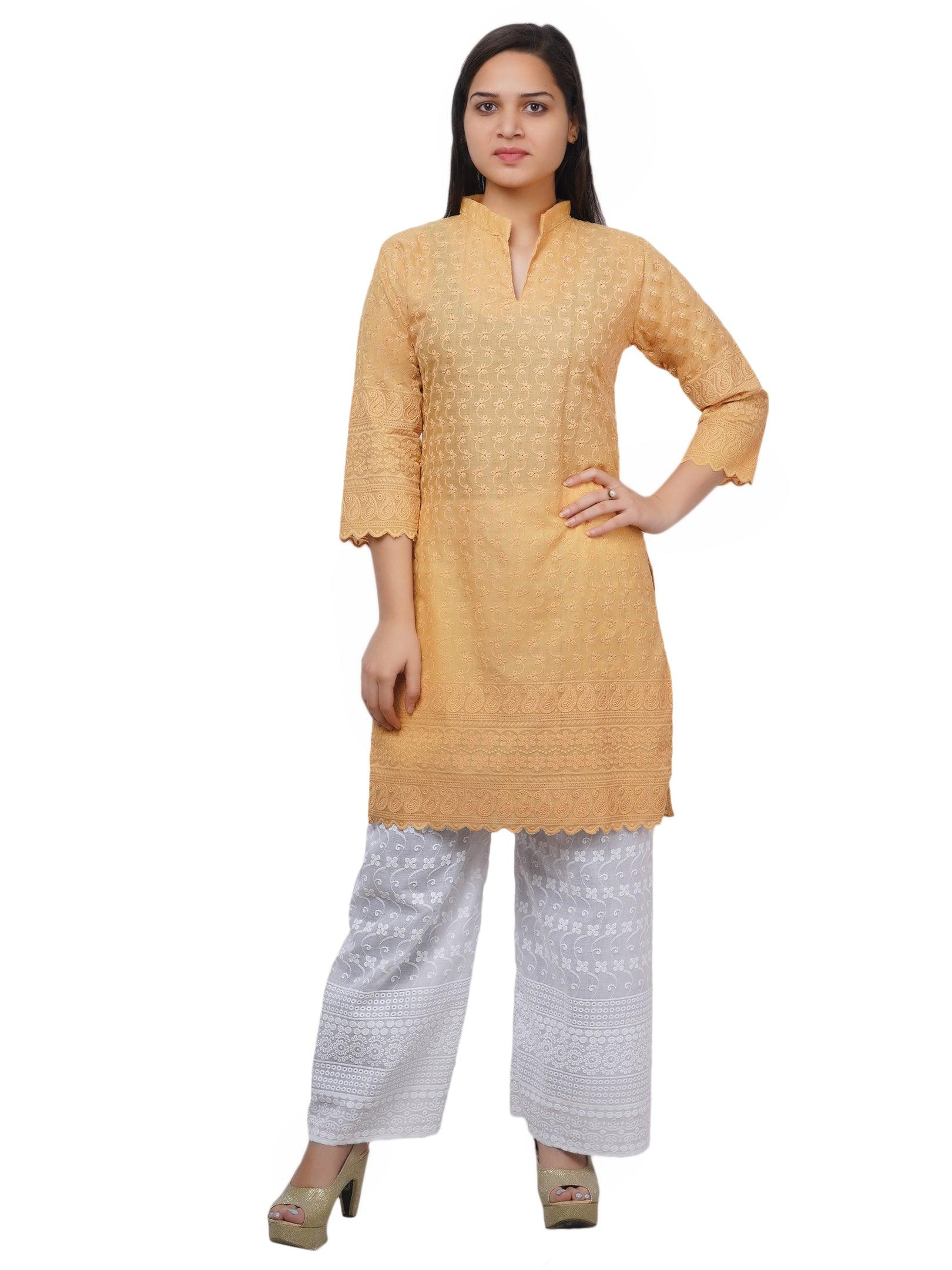 Trendzmy Women Beige Kurta and Palazzo Set Pure Cotton