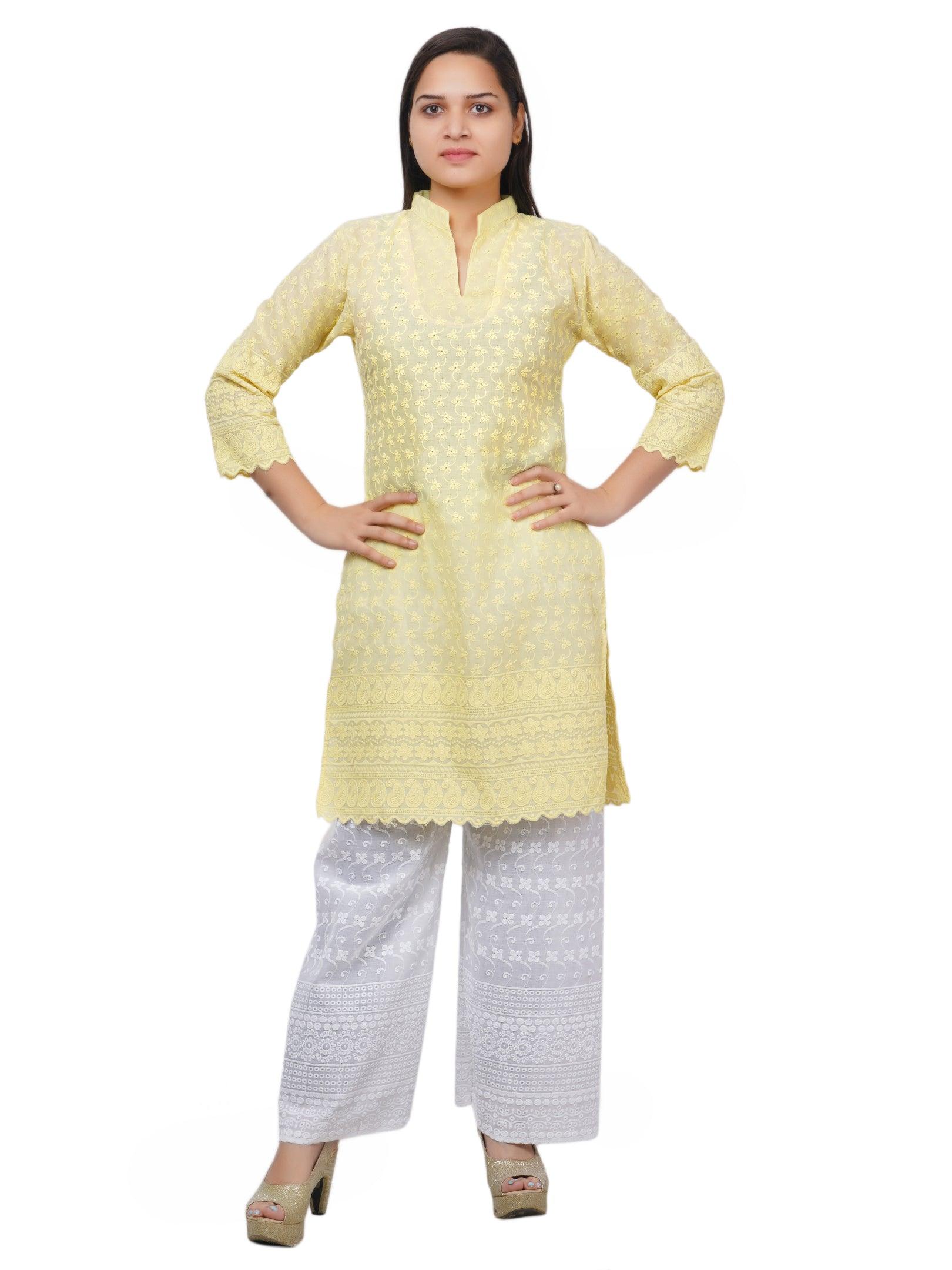 Women Lemon Yellow Kurta and Palazzo Set Pure Cotton