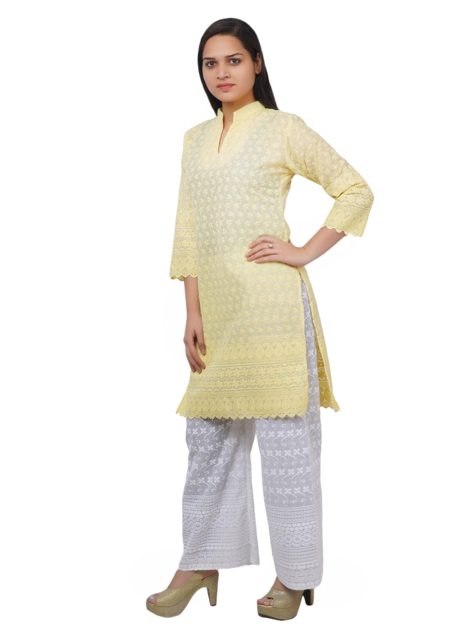 Women Lemon Yellow Kurta and Palazzo Set Pure Cotton