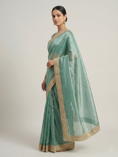Premium Sea Green Organza Saree with Designer Embroidered Lace Border