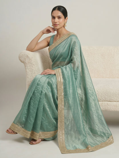 Premium Sea Green Organza Saree with Designer Embroidered Lace Border