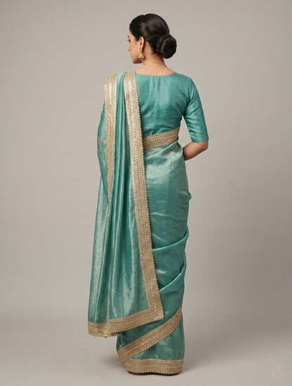Premium Sea Green Organza Saree with Designer Embroidered Lace Border