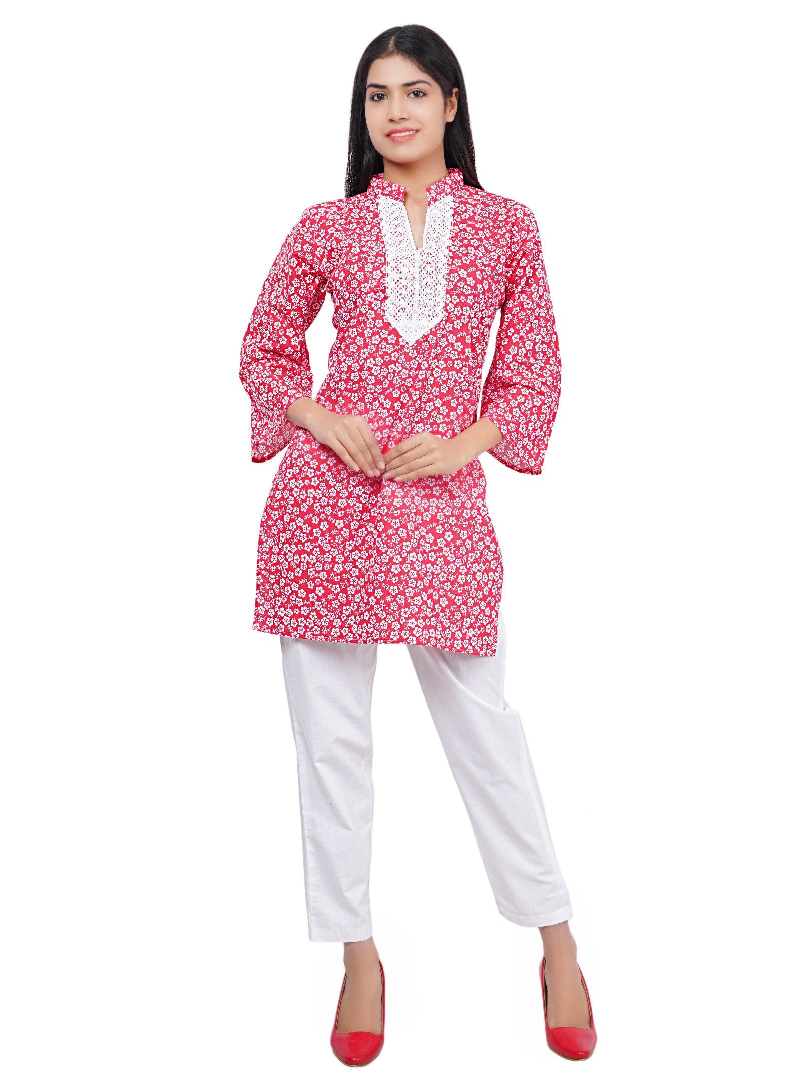 Women Red Floral Printed Straight Kurta