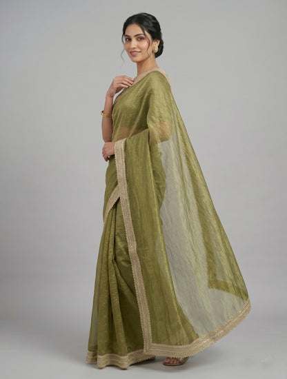Elegant Olive Green Organza Saree with Embroidered Lace Border