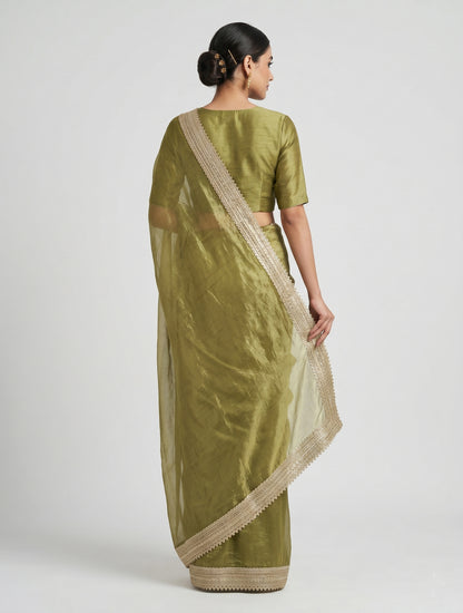 Elegant Olive Green Organza Saree with Embroidered Lace Border