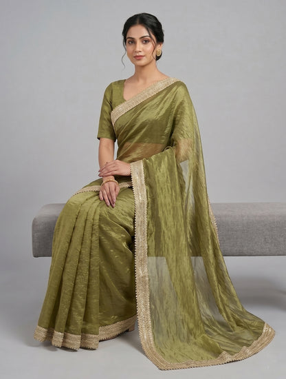 Elegant Olive Green Organza Saree with Embroidered Lace Border