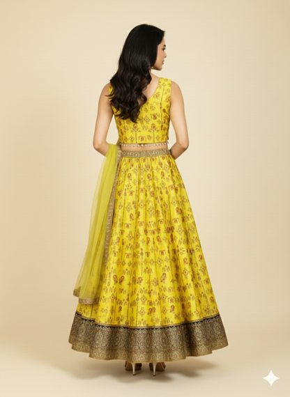 Bright Neon Yellow Printed Booty Art Silk Lehenga Crop Top Set-FREE SIZE