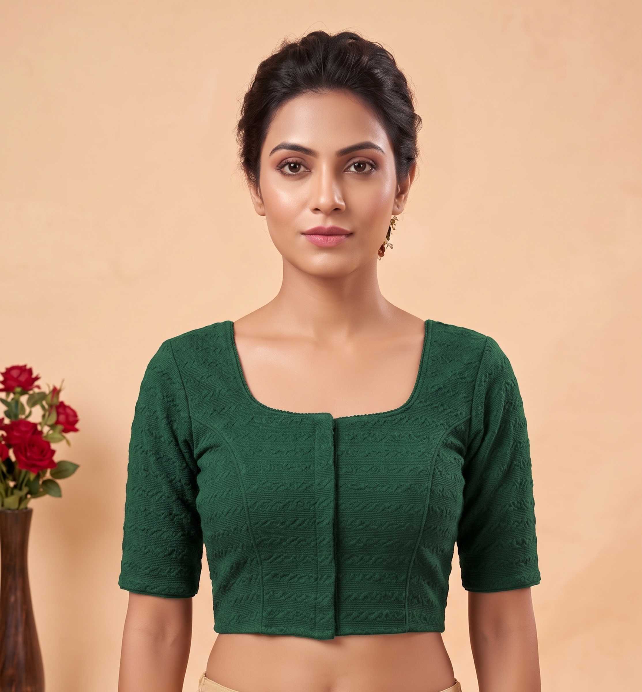 Trendzmy Women Woven Square Neck Cotton Blend Lycra Stretchable Readymade Saree Blouse Dark Green