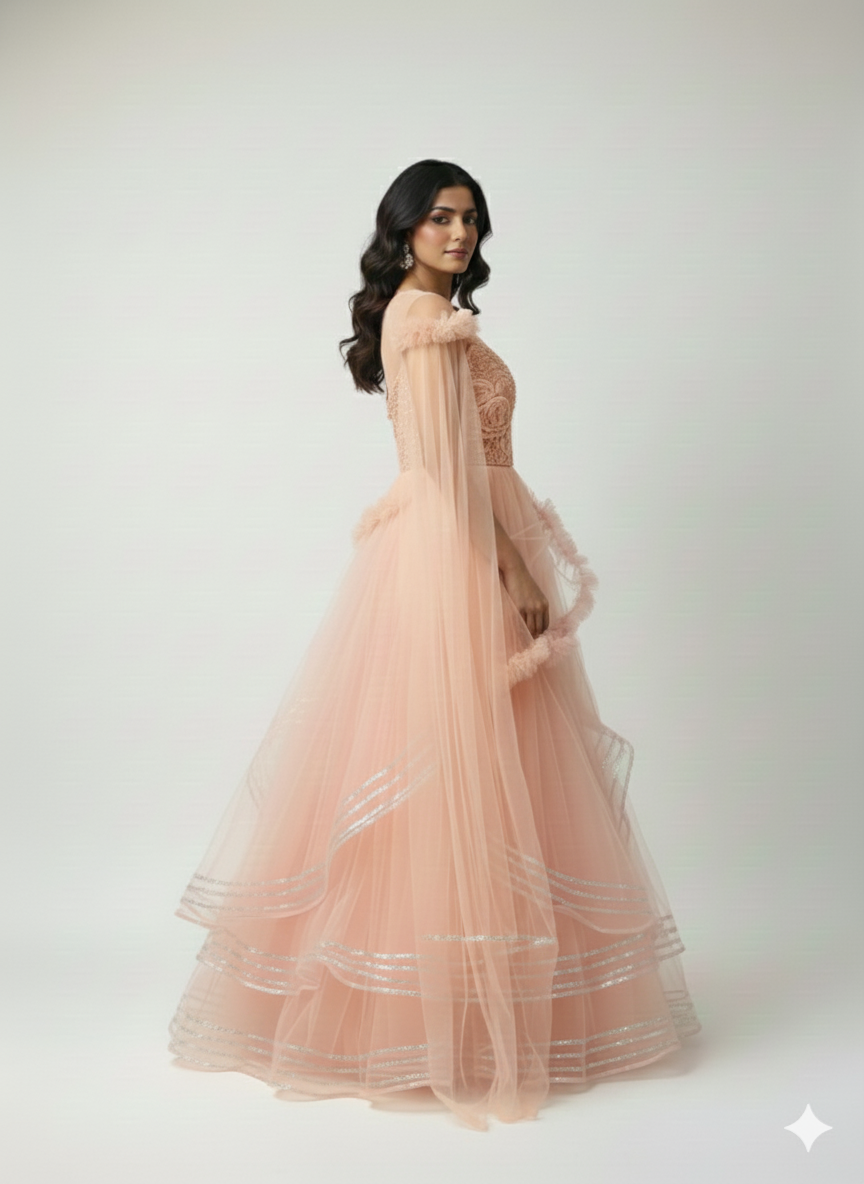 Ethereal Peach Net Tiered Gown with Attached Cascade Dupatta
