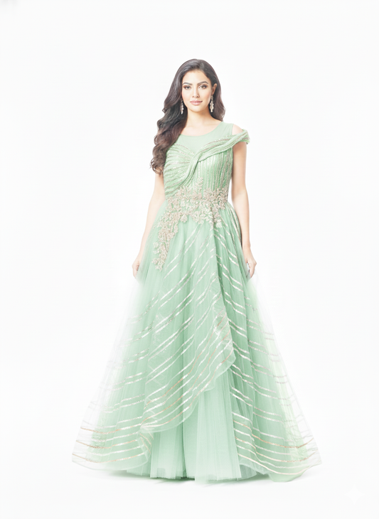 Mint Green Net Gown with Ruffle Dupatta-Style Sleeves &amp; Sequin Embellishment