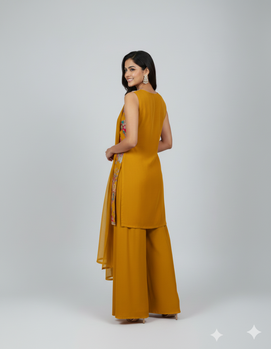 Mustard Yellow Silk Sharara Set with Multi-Thread Embroidery