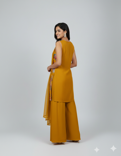 Mustard Yellow Silk Sharara Set with Multi-Thread Embroidery