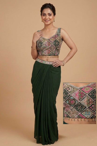 Premium Dark Green Georgette Indo-Western Set: Embroidered Crop Top, Dhoti Pants & Cape Shrug