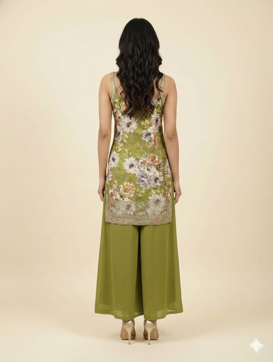 Floral Muslin Kurta Palazzo Set; Georgette Palazzo Set- FREE SIZE