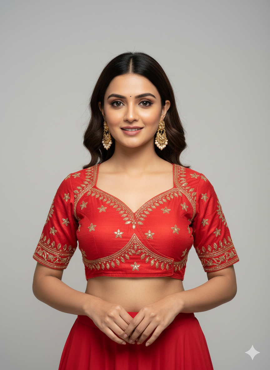 🌹 Elegant Red Cotton Silk Embroidered Blouse