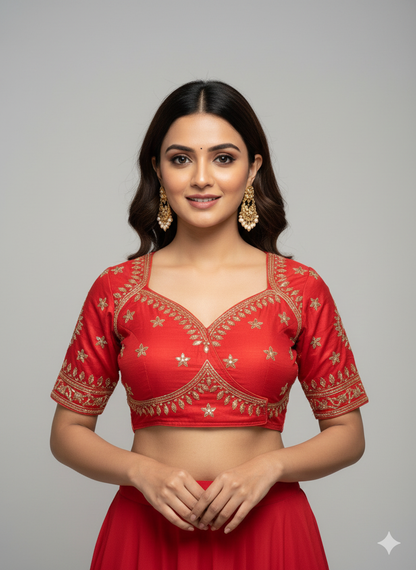 🌹 Elegant Red Cotton Silk Embroidered Blouse