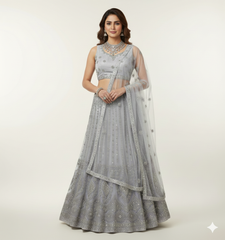 Chic Steel Grey Net Party Wear Lehenga Choli (Unstitched)