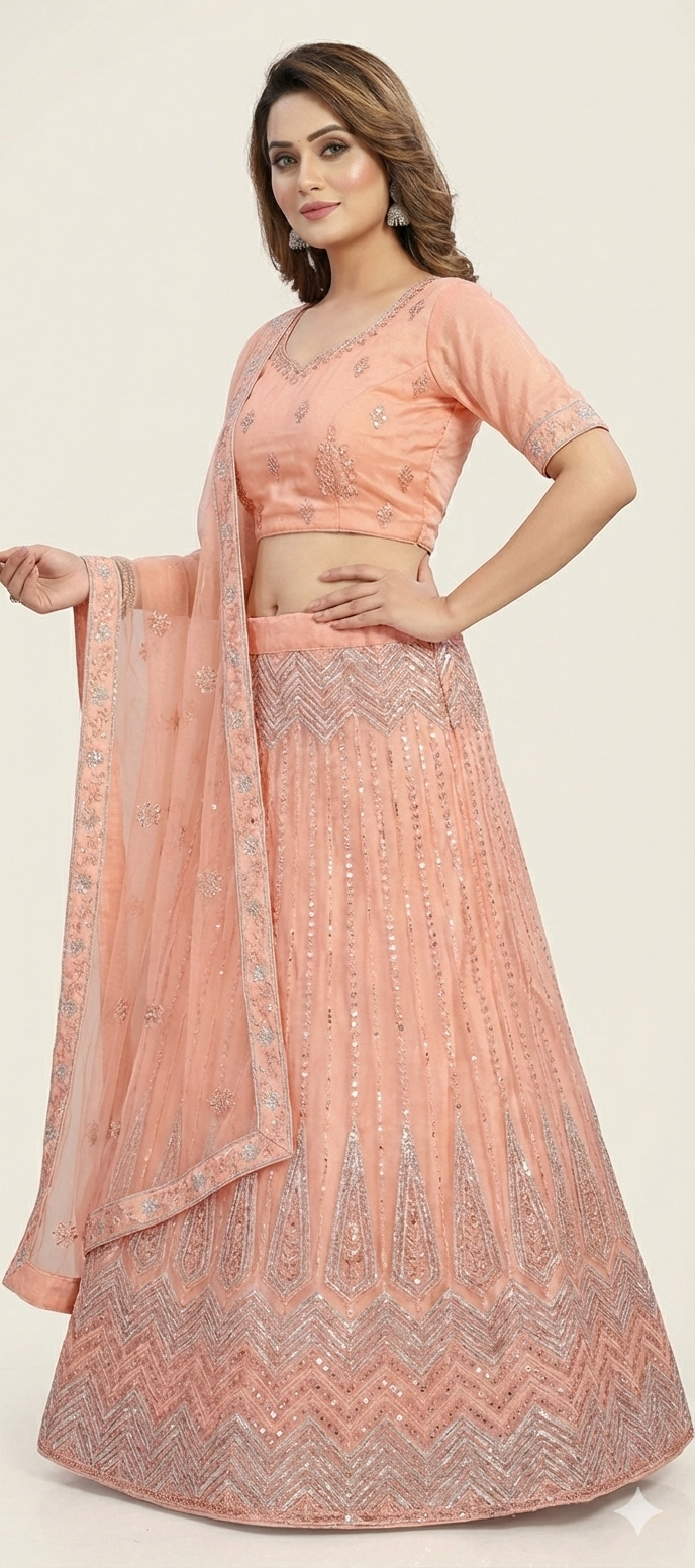 Charming Peach Net Party Wear Lehenga Choli (Unstitched)
