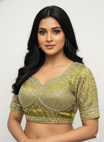 Pista Green/Mehndi Cotton Silk Embroidered Blouse