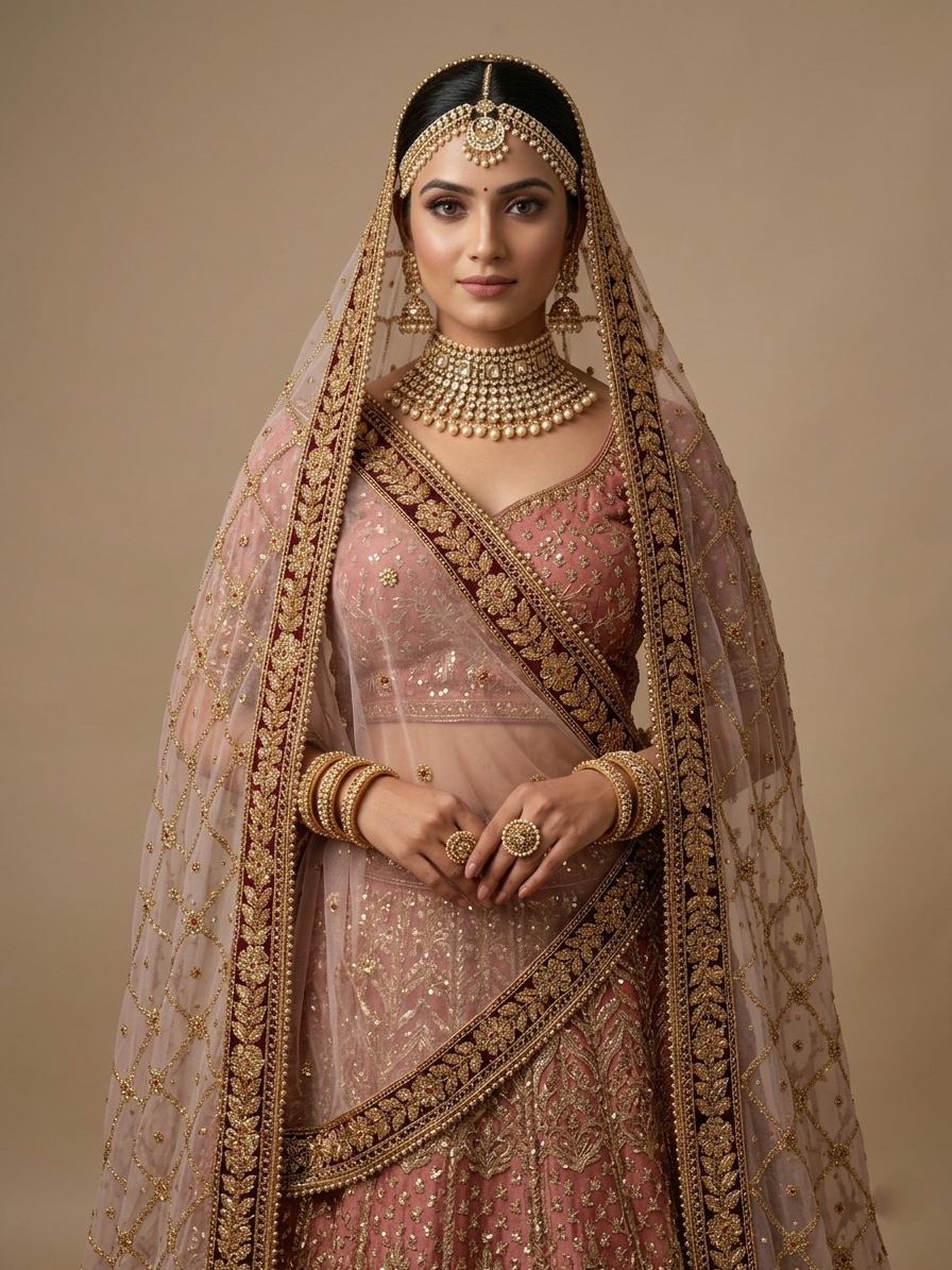 Royal Onion-Sheer Net Bridal Dupatta – Intricate Gold Zari & Velvet Scallop Border
