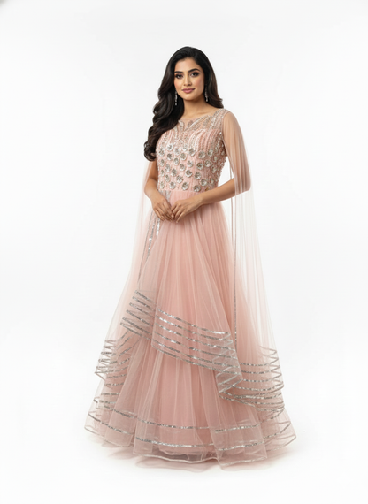 The 'Blush Petal' Embellished Organza Net Gown in Pinkish Peach Color