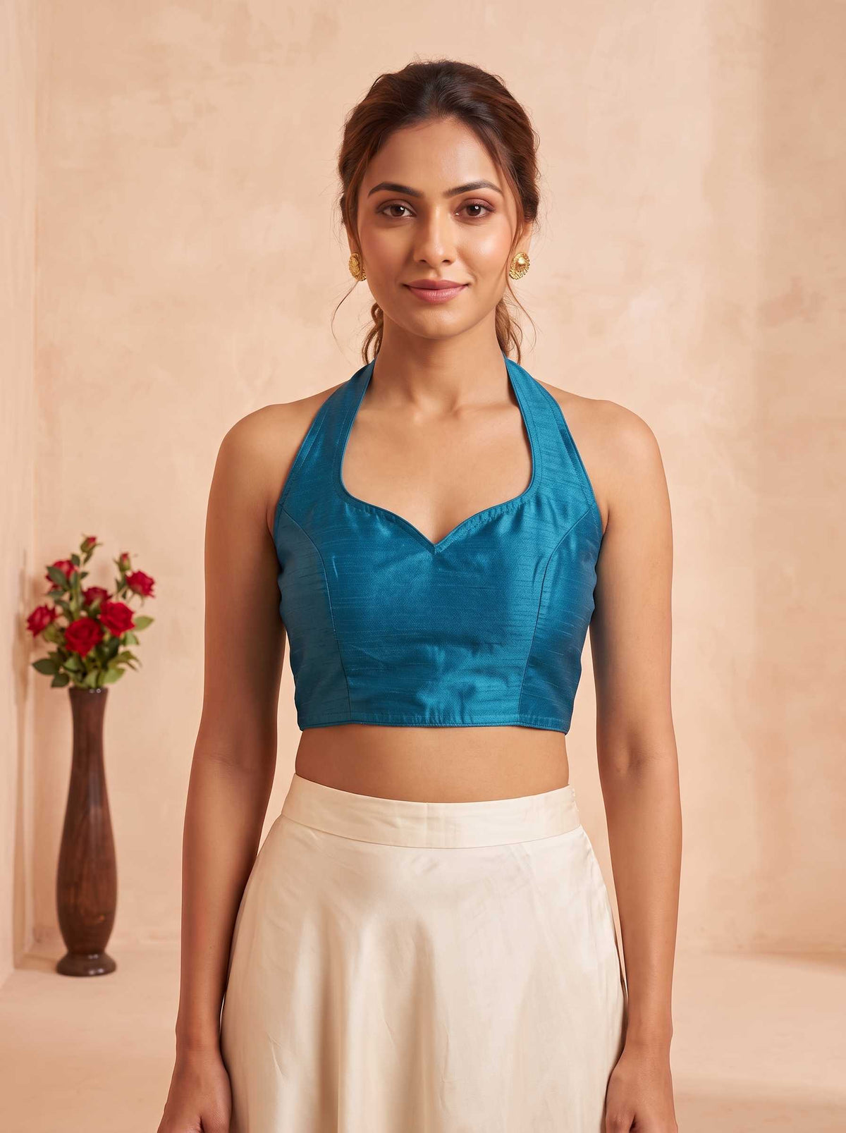 Women's Solid Halter Neck Stitched Blouse Teal