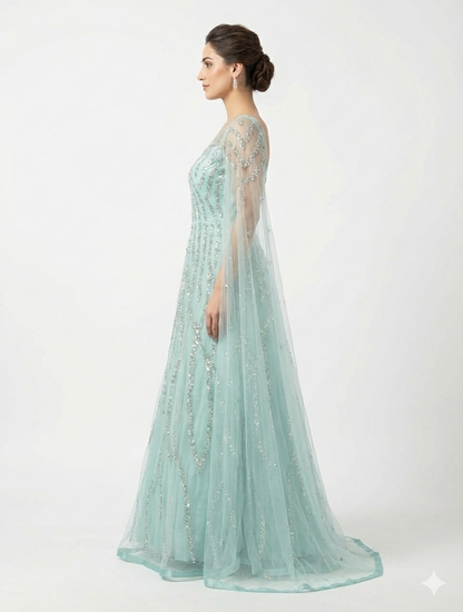 Ethereal Seafoam Green Hand-Embellished Net Gown