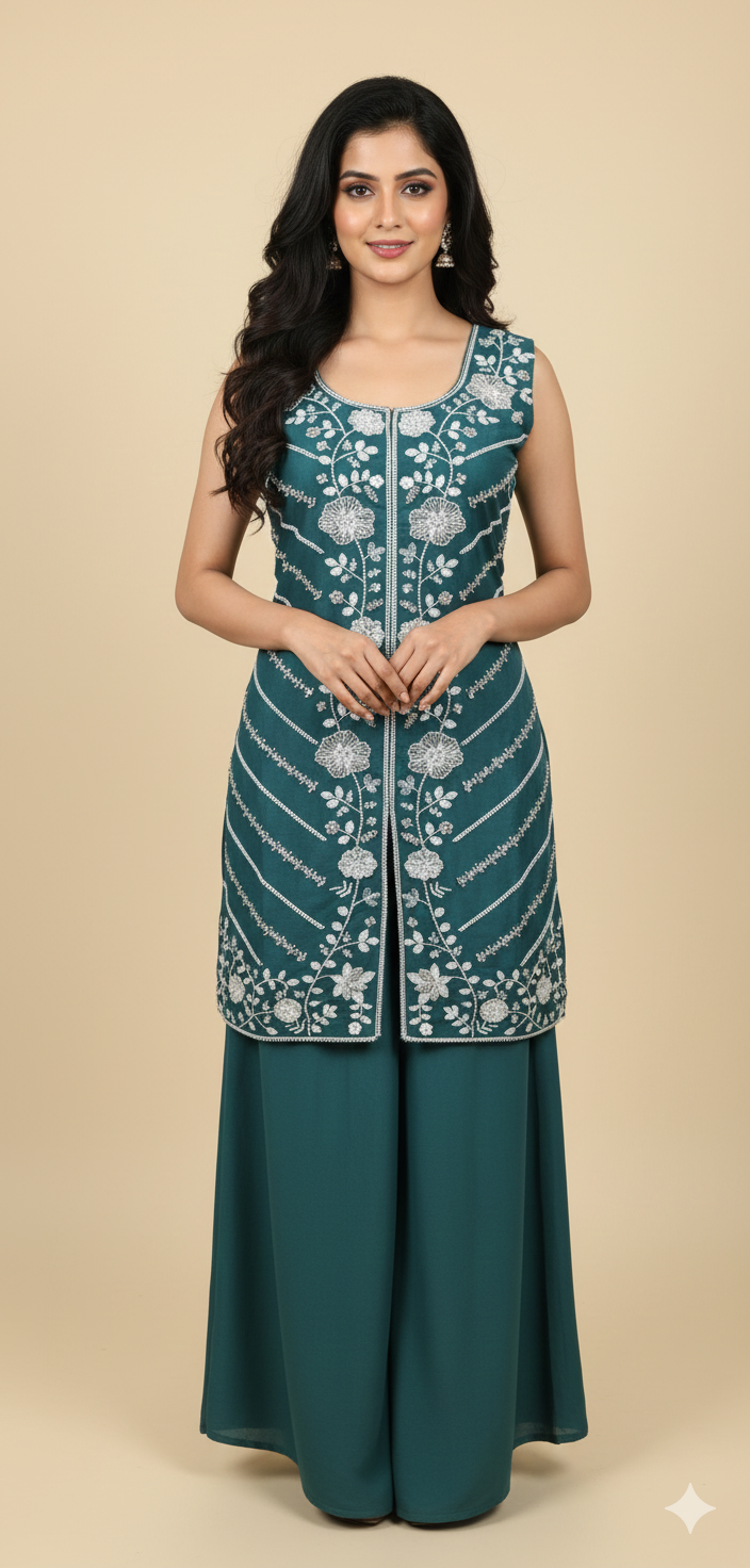 Peacock Green Chinon Hand Work Kurta &amp; Palazzo Set